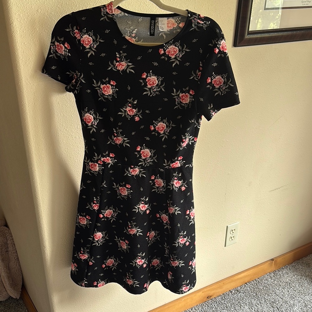 H&M Black Mini Dress with Pink Floral Design